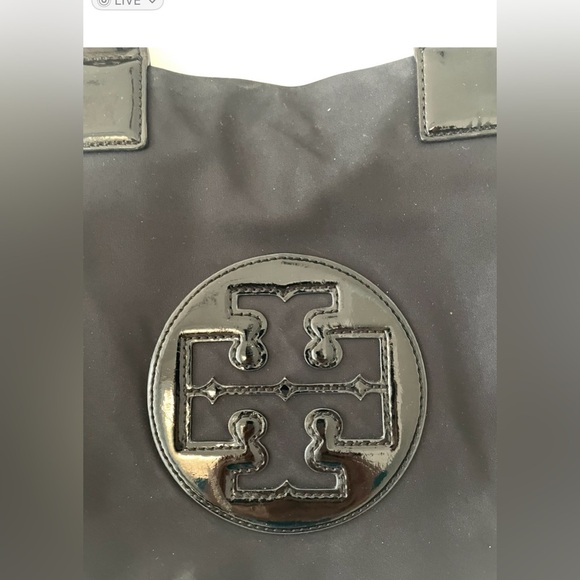 TORY BURCH ELLA TOTE
•BLACK LOGO
•SHOULDER PURSE
•NYLON PATENT TRIM - Picture 2 of 12
